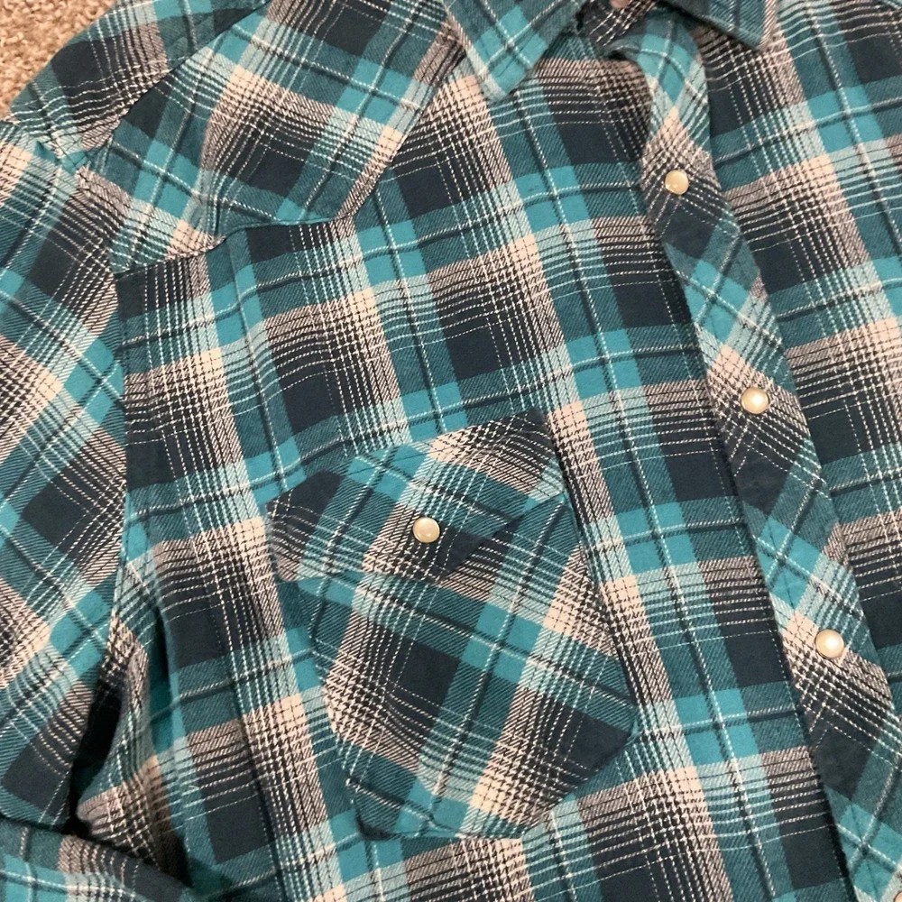 Wrangler Wrancher Pearl Snap Western Shirt Men's XLT Blue Plaid Cowboy